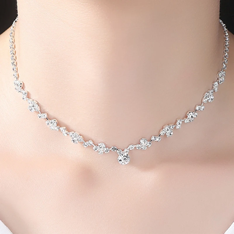 Fashion Crystal Bridal Jewelry Sets Silver Color Geometric Choker Necklace Earrings Bracelet Wedding Jewelry Set