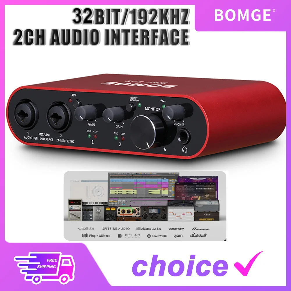 32Bit/192kHz 1 2channel USB Audio Interface With XLR 48V Phantom Power For Audio Mixer Interface Studio Recording Guitarist PC