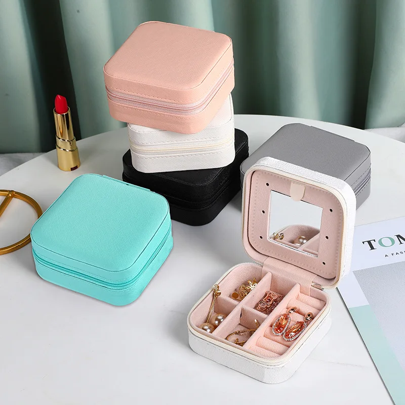 Portable PU Leather Travel Jewelry Case with Mirror and Zippered Organizer