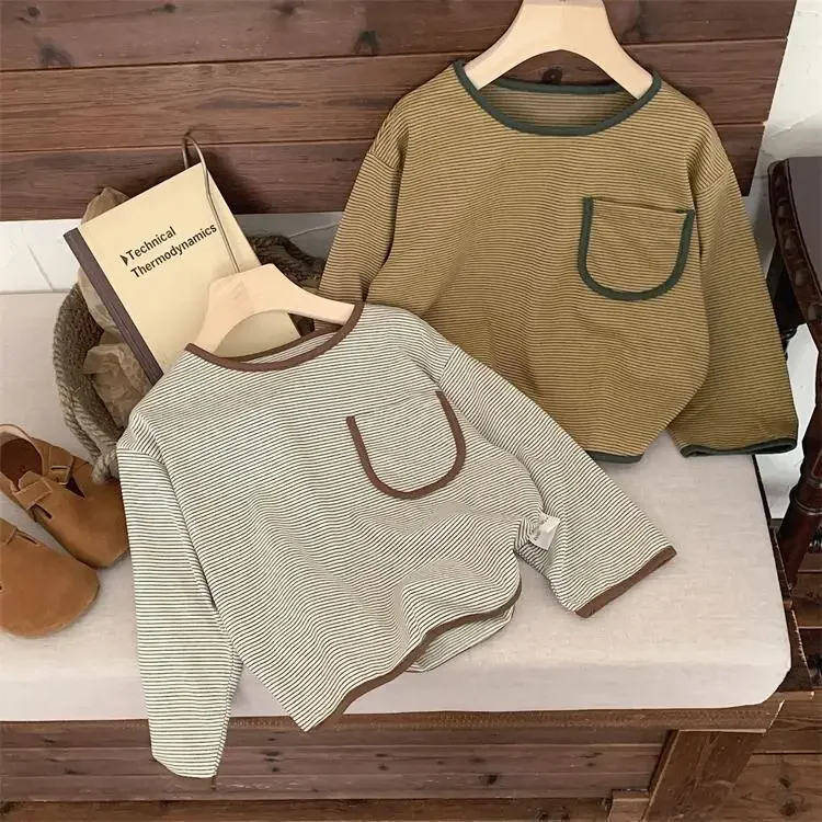 

Детская Базовая рубашка, осенняя Корейская одежда, детский топ, нижняя рубашка для мальчиков и девочек, детская Корейская полосатая футболка с длинным рукавом и круглым вырезом