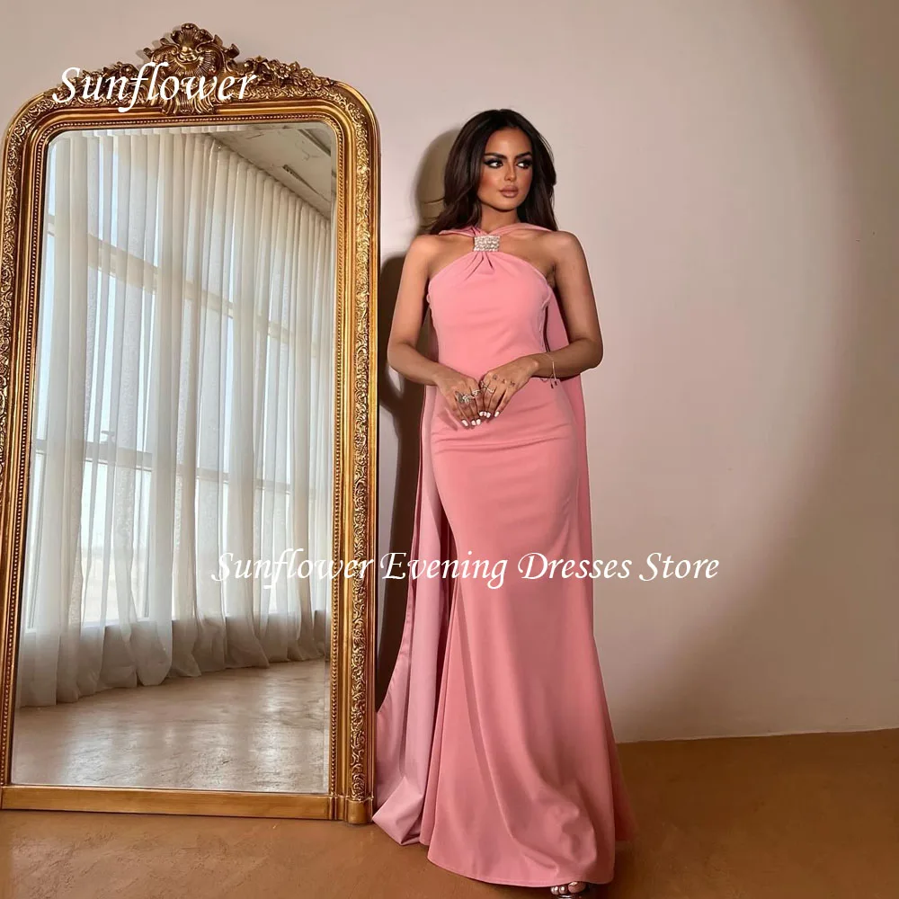 

Sunflower Pink Halter Prom Gown Mermaid Evening Dress Saudi Arabia Slim Crepe Party Dress 2023 Floor-Length Prom Dress