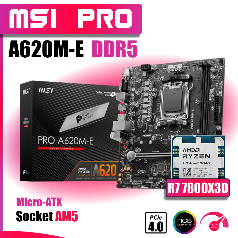 

New Kit MSI PRO A620M-E DDR5 With AMD Ryzen 7 7800X3D Processor DDR5 Memory Motherboard RGB AM5 Combo mATX