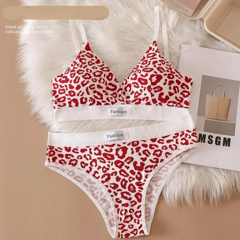 Leopard Print Seamless Push-Up Bra and Panty Set - V-neck Lingerie