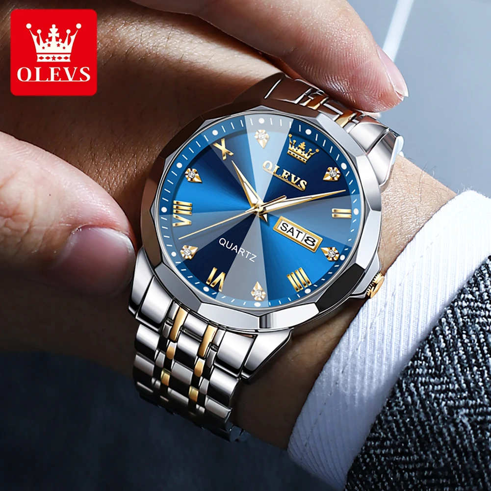 OLEVS 9931 Quartz Man Watch Fashion Dual Calendar Steel Strap Business Men's Wristwatch Rhombus Mirror Waterproof Watch For Men