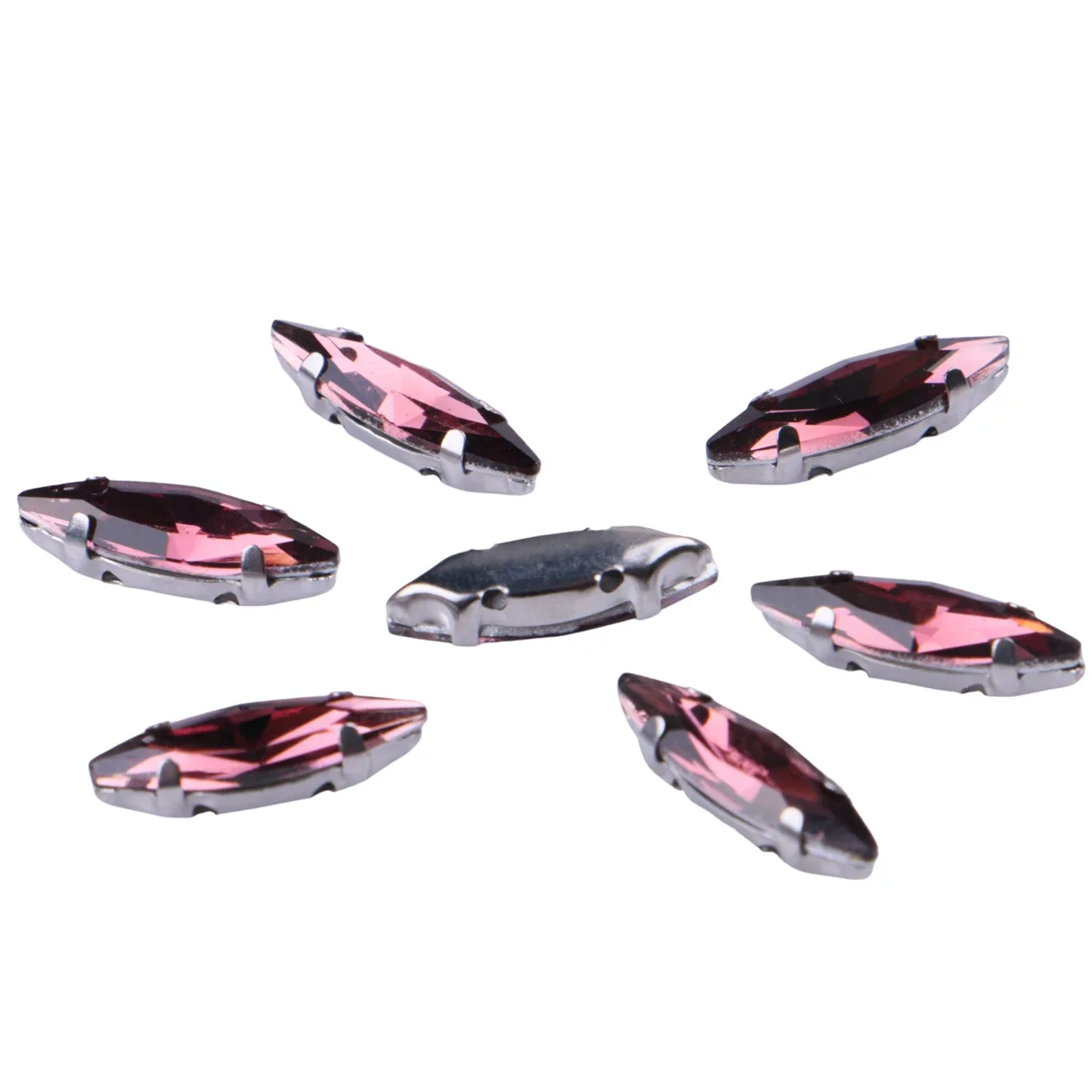 Pack of 20 Glass Sew-On Rhinestones with Claw Setting - Horse Eye Shape on Silver Metal Base