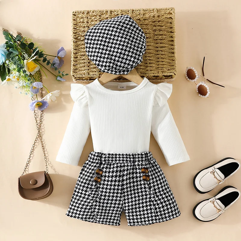 

0-3Y Baby Grils Fall Winter Clothes Set Ruffle Long Sleeve Ribbed Knitted Tops Button Plaid Short Pants Beret Hat Kids Outfits