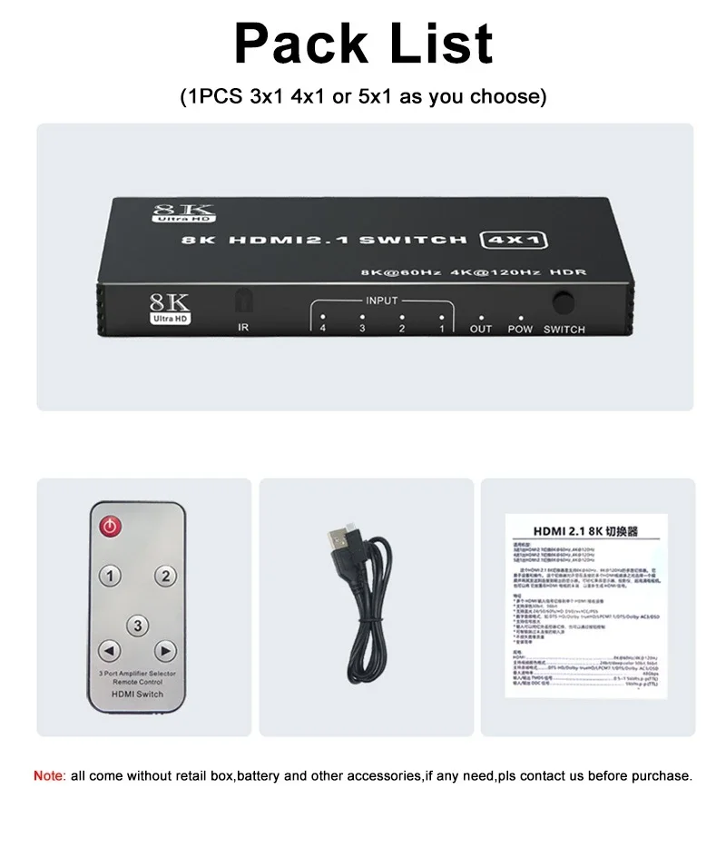 8K 60Hz HDMI 2.1 Switch 4x1 3x1 5x1 HDMI Switcher Video Converter 4K 120Hz 3 4 5