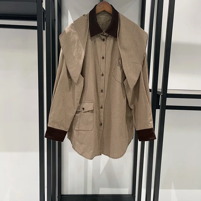 Clearance Price Women Autumn and Winter New Retro Removable Scarf Color-blocking Checked British Mid-length Shirt
