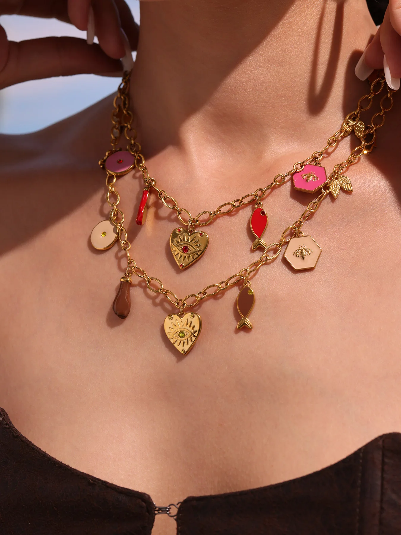 316 Edelstahl vergoldet 18 Karat Herz Anhänger Halskette rosa schwarz Emaille Luxus Zirkon Schmetterling Armband Frauen Schmuck Set – Detail 3