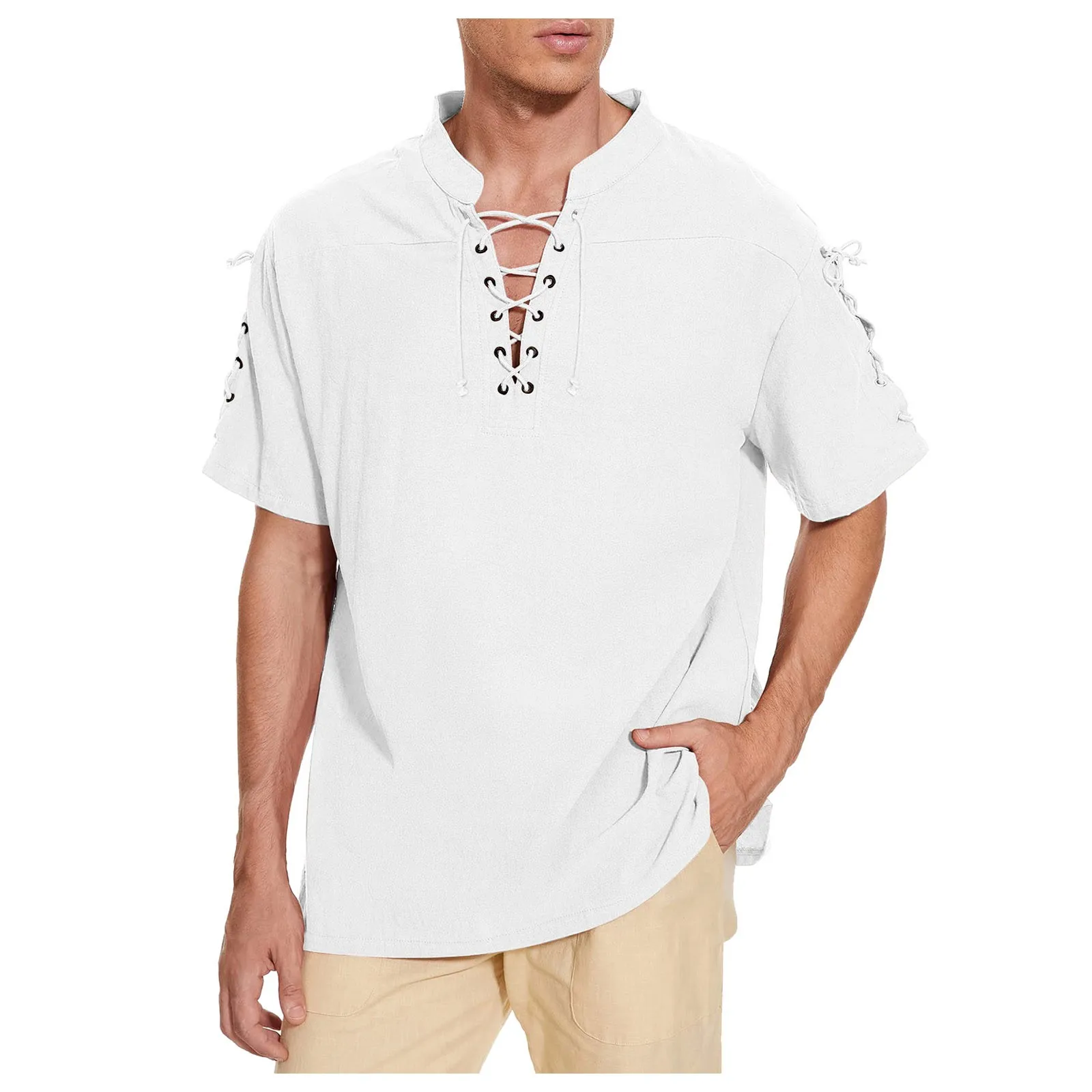 

Футболка мужская пляжная с коротким рукавом, топ с V-образным вырезом для йоги, винтажная рубашка в стиле хиппи, большой однотонный топ в средневековом стиле, уличная одежда