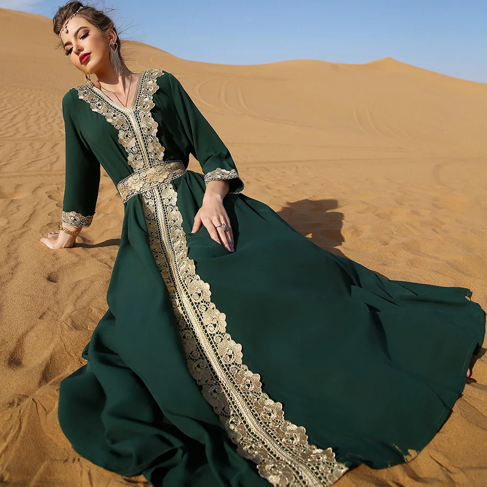 

Vintage Green Women's Maxi Dress Spring Moroccan Caftan With Belt Abaya Ramadan Muslim Lady Robe Long Sleeve Plus Size Clothing
