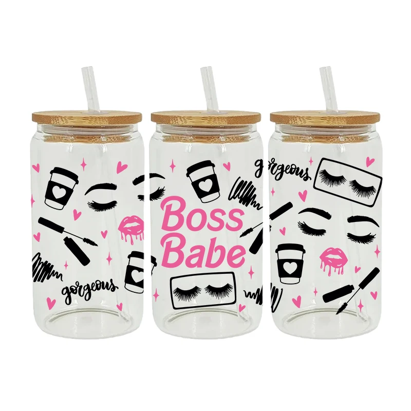 Boss Babe, Motivational, Cute, 22 oz Libbey Cup, Bamboo Lid & Glass Straw,  Iced Coffee Cup, Gift, Party Favor, UV DTF Wrap