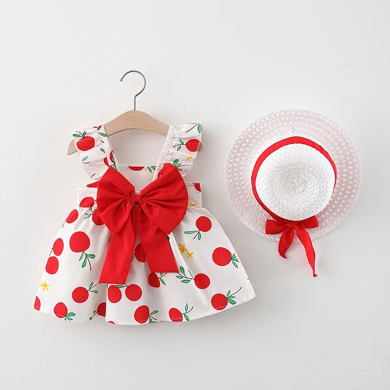 Girls Dress 2Pcs/Set Summer Children Small Suspender Bow Orange Print Vest Skirt With Hat Gift
