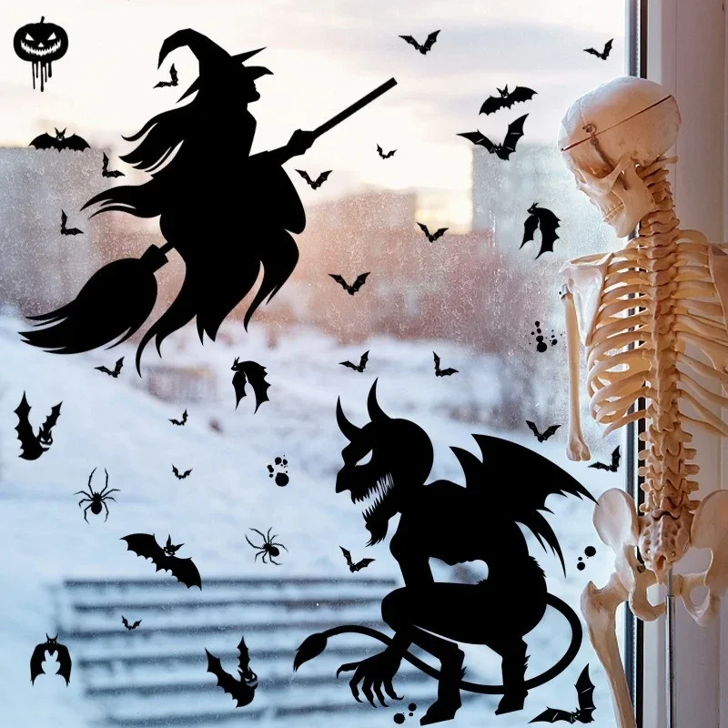 Halloween Ghost Pumpkin Head Monster Ghost Shadow Window Stickers Witch Death Bat Skeleton Halloween Party Decor Wall Stickers