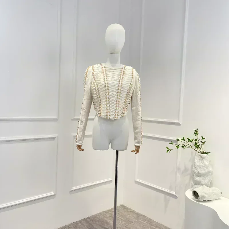

2023 Solid White Top Quality Long Sleeves Metal Buttons Cross Straps Cropped Bodice Back Zipper Top Women
