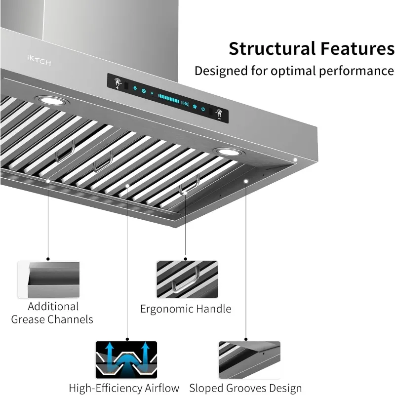 IKTCH 36"Wall Mount Range Hood, 900 CFM Ducted/Ductless Range Hood with 4 Speed Fan, Pure Stainless Steel Hood 36 inch