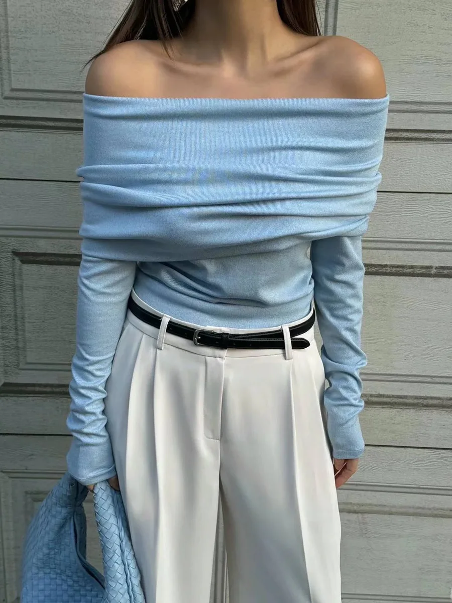 Sweater Knit Pullover Backless Women Slim Bandeau Solid Cropped Top Streetwear Off-Shoulder Elegant Autumn Knitwear Top
