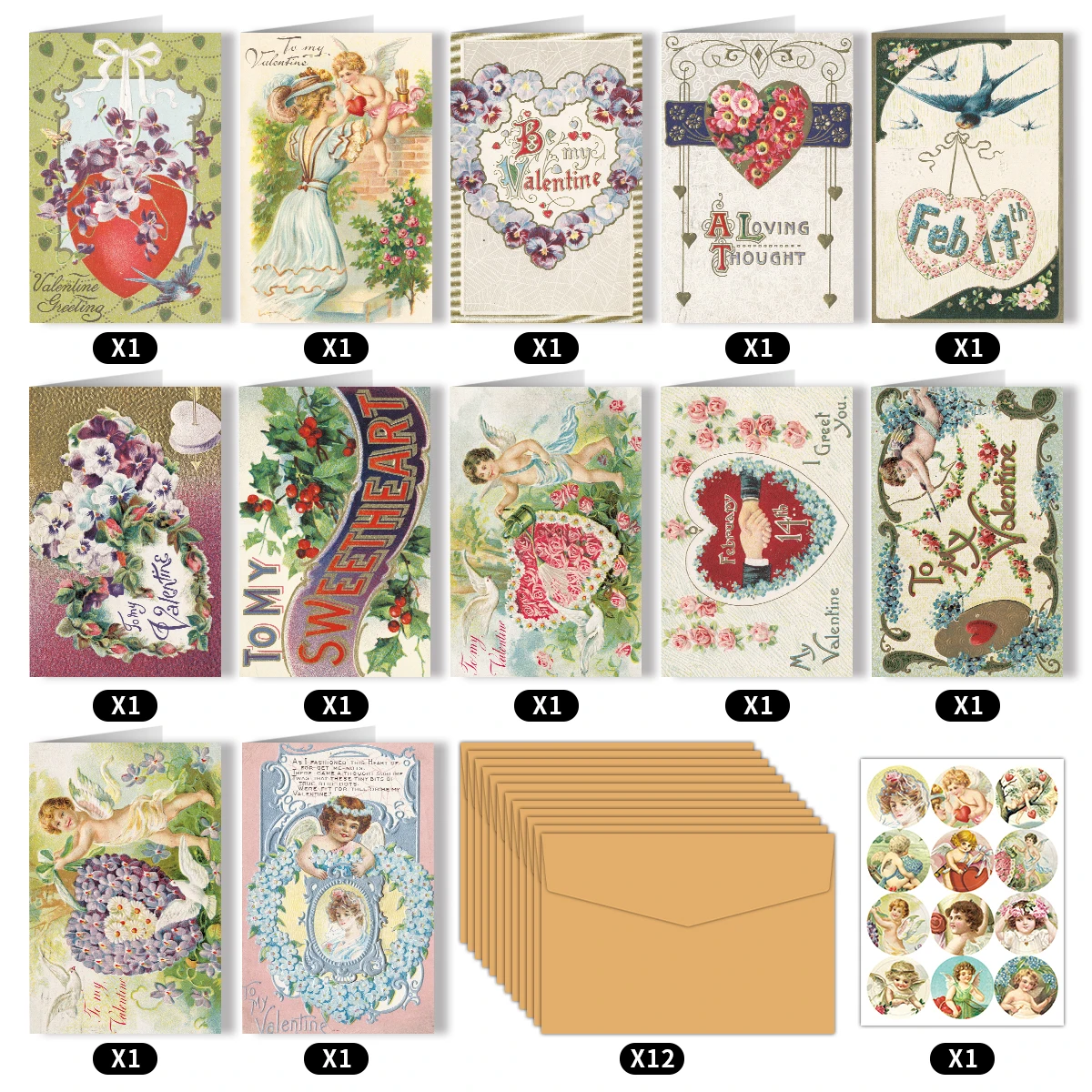 12Set Vintage Greeting Card for Valentine's Day Wedding Victorian Love Card with Envelope & Sticker Holiday Gift for Him Her