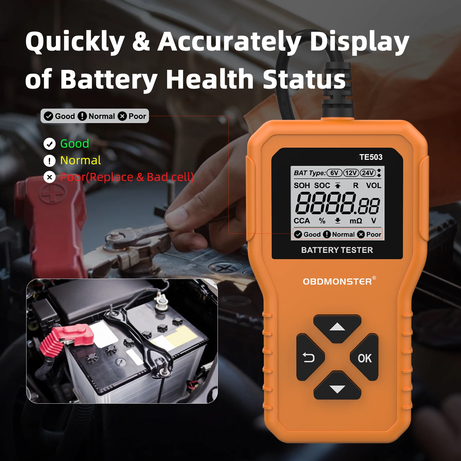 TE503 Car Battery Tester 6V 12V 24V 100-2000 CCA 2Ah-220Ah Battery System Detect Auto Analyzer Car Tool PK KW208