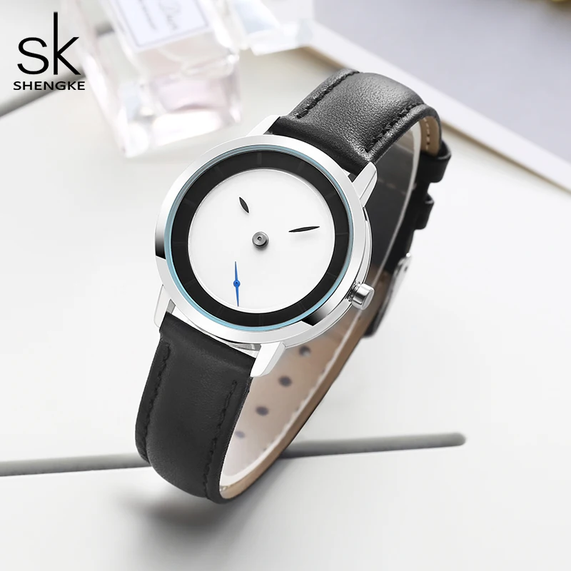 Shengke High-End Full Stainless Steel Women's Watches Simple Leather Strap Woman Quartz Wristwatcehs Original Design Lady Clock