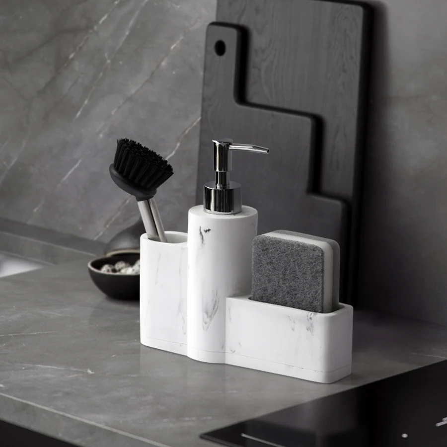Kitchen Soap Dispenser Marble Look Liquid Hand Dish Soap Dispenser Pump Bottle Sink Dish Washing brush Sponge Holder 3 in 1