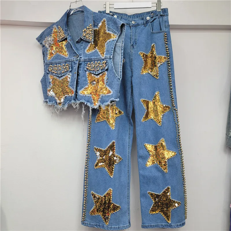 Chic Summer Graffiti Stars Embroidery Sequined Denim Waistcoat Beaded Jeans Vest High Waist Tank Tops+Straight Trousers 2Pcs Set