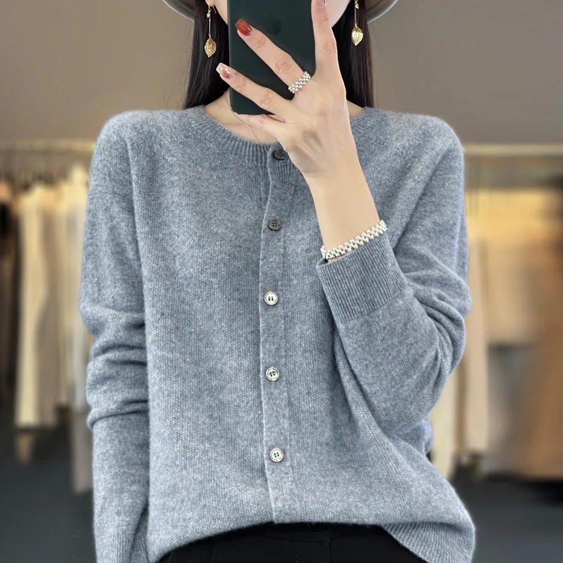 여성용 메리노 울 가디건, 캐주얼 뜨게 패션, O넥 캐시미어 스웨터, 가을 및 겨울, 100% 신상