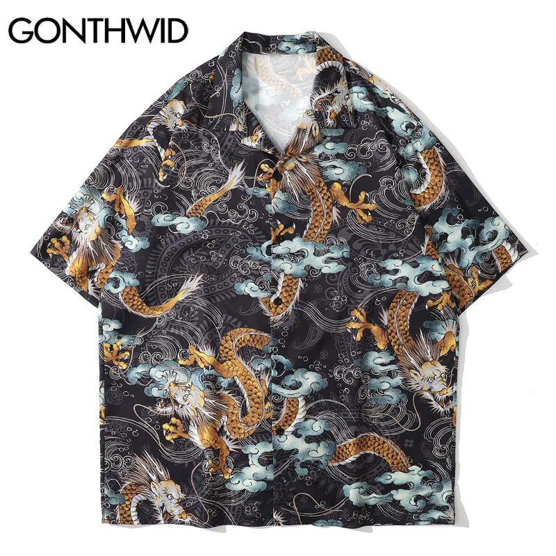 

Hawaiian Shirts Harajuku Chinese Dragon Beach Shirt Streetwear Hip Hop Casual Holiday Tropical Short Sleeve Button Tops