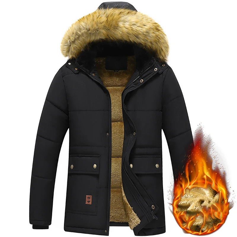 

2023 New Men Winter Parka Fleece Lined Thick Warm Hooded Fur Collar Coat Male Size 5XL Plush Jacket Autumn Work Outwearing Black