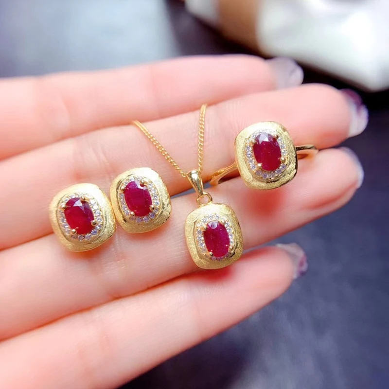 

Natural Ruby jewelry sets for women rings earrings pendant silver 925 luxury gem stones 18k gold plated free shiping items