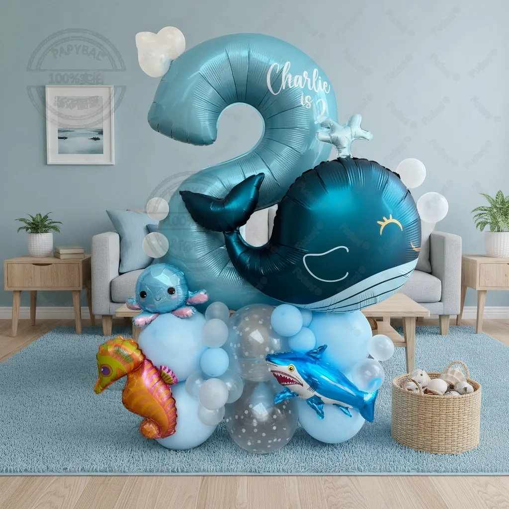 38 stücke Ozean Tier Themen Ballon Baby Blau Anzahl Geburtstag Ballon Set Cartoon Wal Hai Seepferdchen Ballon Party Dekoration