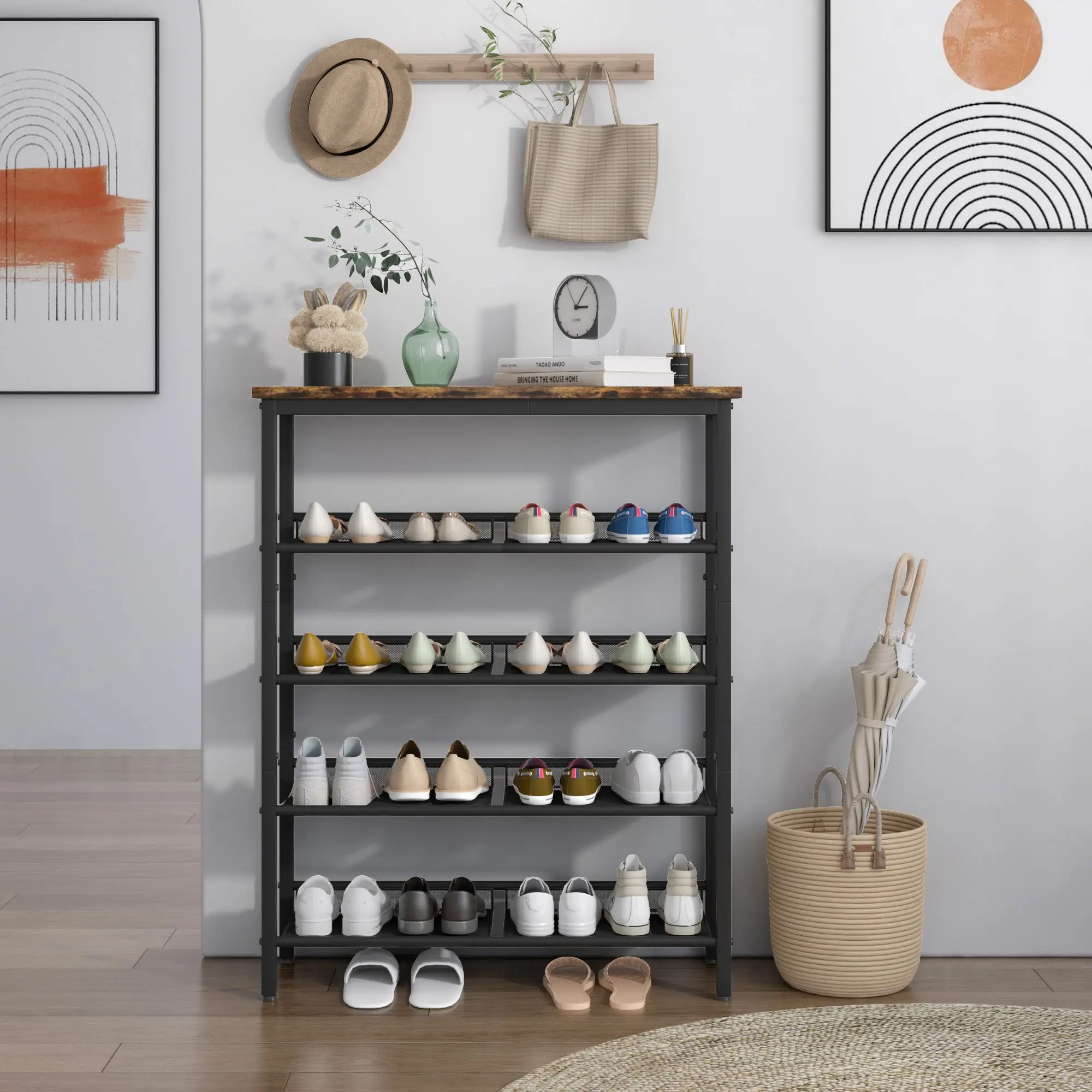 

Industrial shoe rack, adjustable country style 5-layer shoe rack storage rack, with 4 mesh shelves