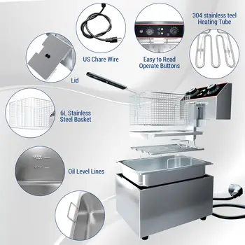 6L / 8L Commercial Deep Fryer，Stainless Steel Countertop Electric Deep Fryer with Basket, Easy to Clean 5
