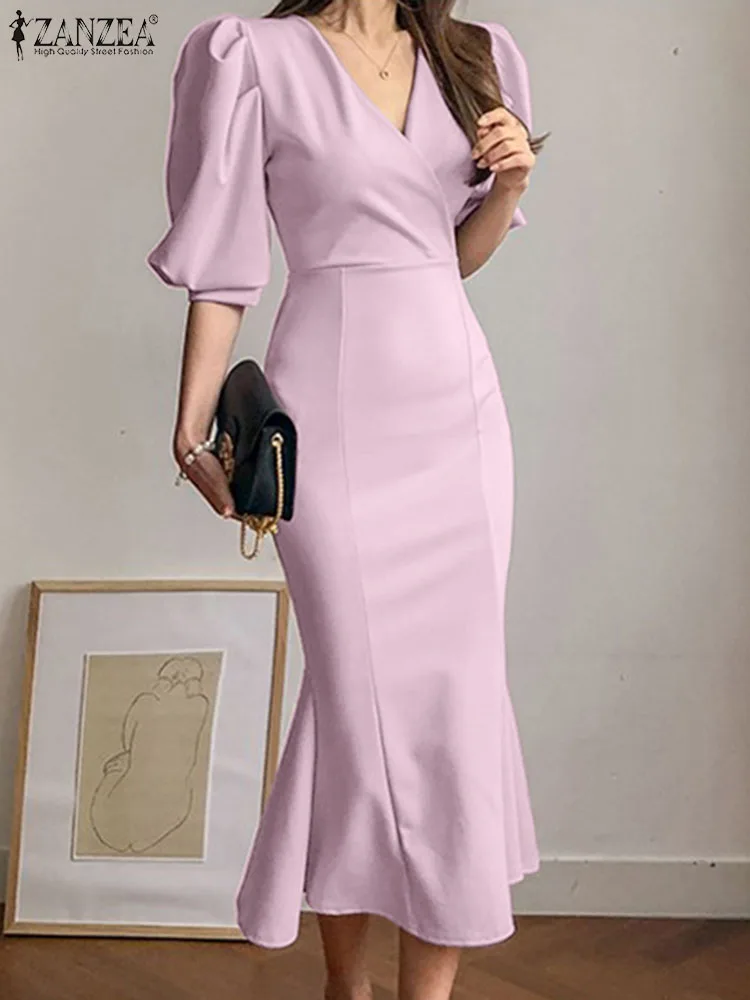 

ZANZEA Sexy V Neck Pleated Sheath Dresses Women Slim Puff Sleeve Midi Dress 2024 Summer Elegant Vintage Party Fashion Sundress