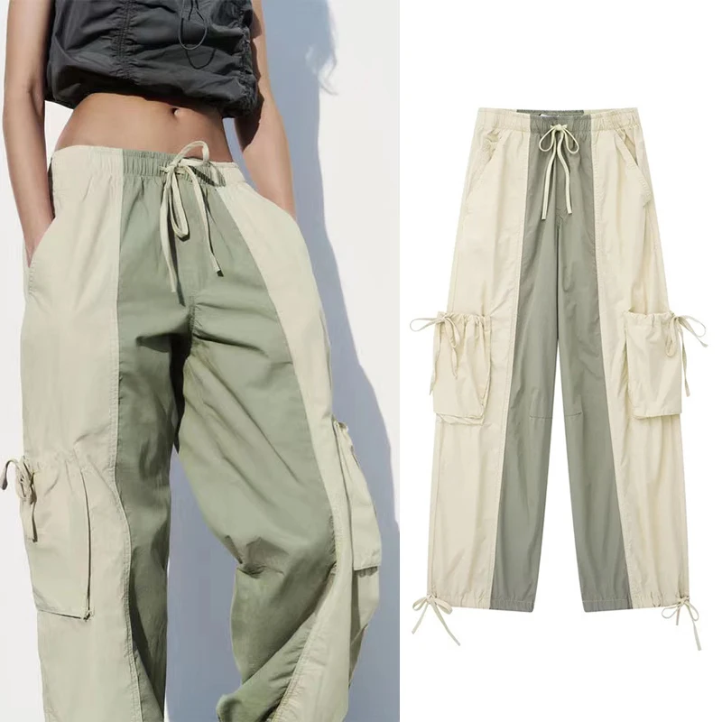

Fashion Baggy Contrast Cargo Pants Women Street Mid Waist Tied Pockets Wide Leg Trousers 2023 Summer Parachute Sweatpants Mujer