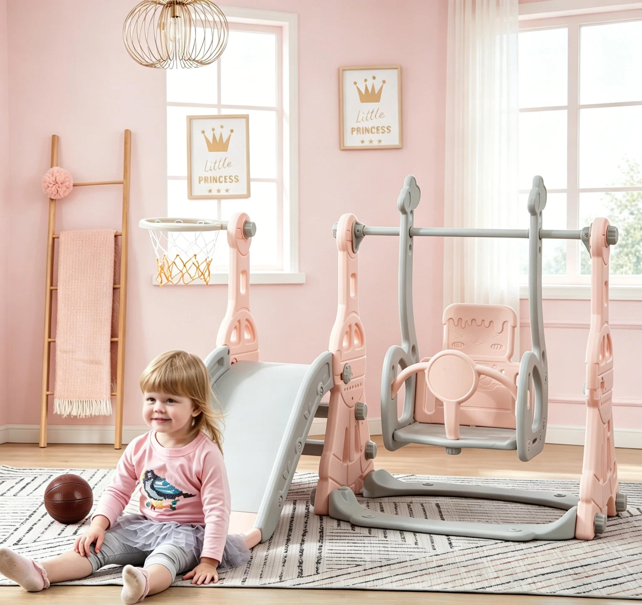 Rosahqnda Toboggan 4 en 1 pour enfants avec balançoire, panier de basket et échelle d'escalade pour intérieur/extérieur, aire de jeux avec panier de basket 1