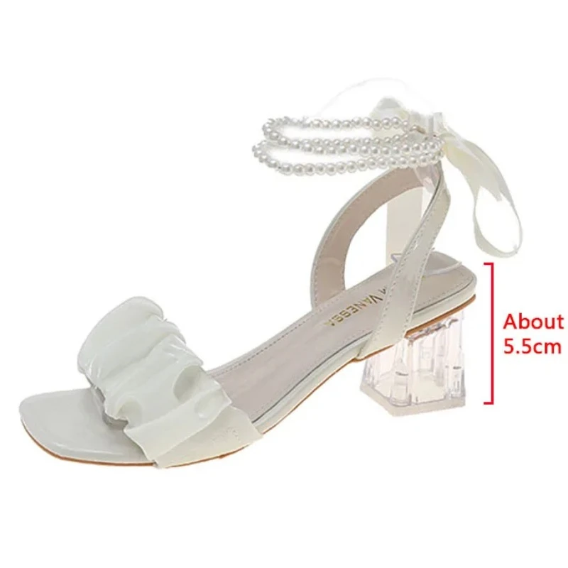 Comfort Shoes for Women Block Heels Pearl Sandals Med Suit Female Beige All-Match Chunky 2024 Girls Medium Clear Black Gladiator