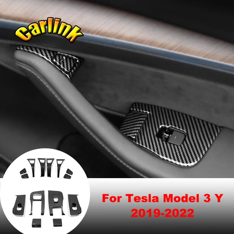 

For Tesla Model 3 Model Y 2019-2022 ABS Carbon Fiber Window Lifting Control Panel Button Switch Trim Frame Interior Accessories