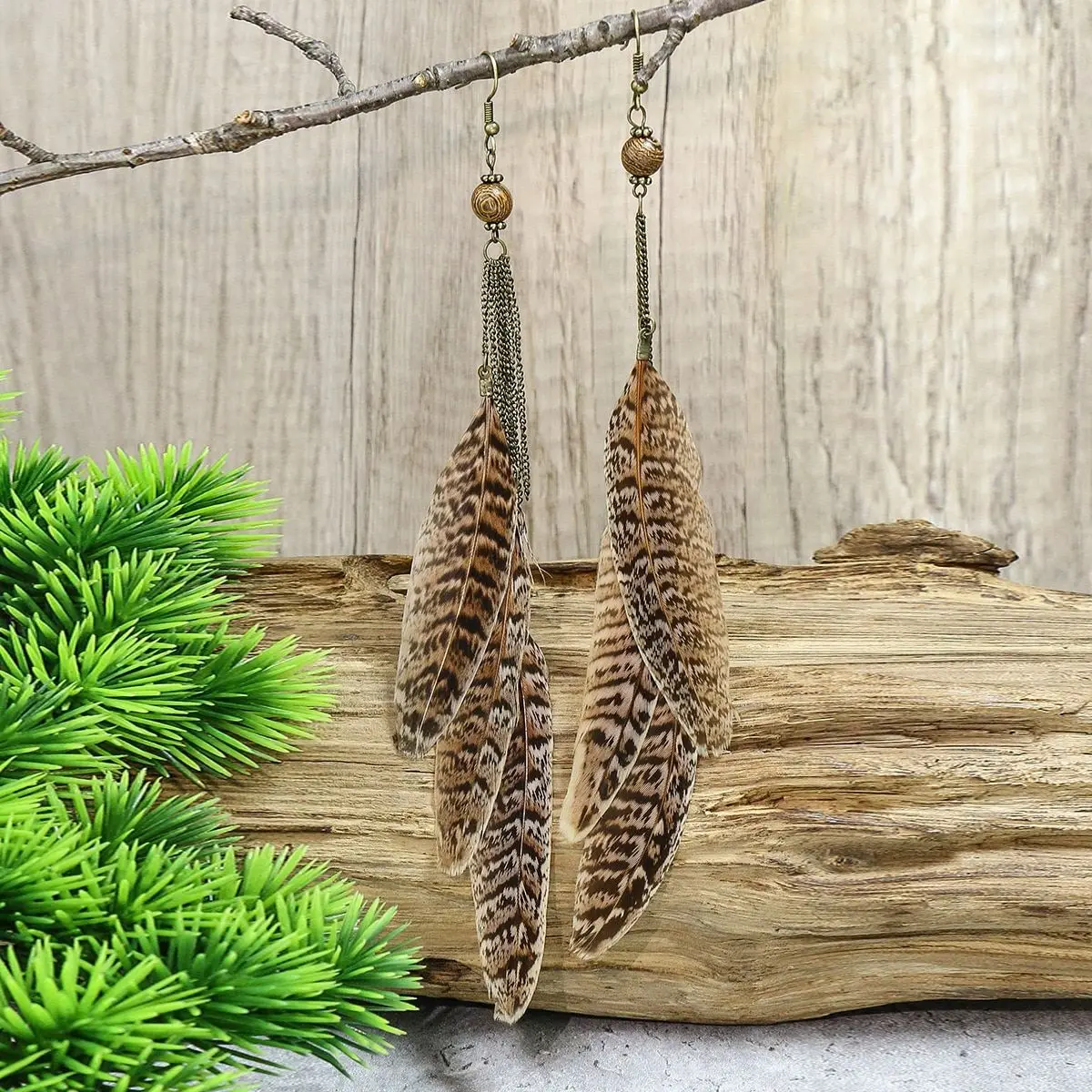 1Pair Brown Feather Earrings Bohemian Vintage Wooden Beads Chain Tassel Long Drop Dangle Earrings for Women Wedding Party Gifts