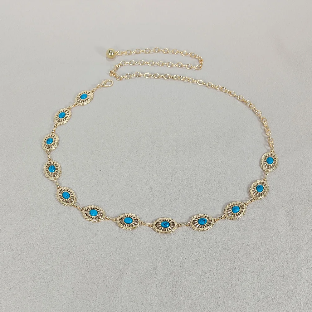 Silver Bohemian Metal Waist Chain Belt with Blue Gemstone Ellipse
