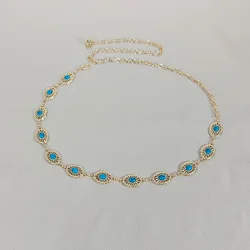 Silver Bohemian Metal Waist Chain Belt with Blue Gemstone Ellipse - 110cm (Ellipse gold)