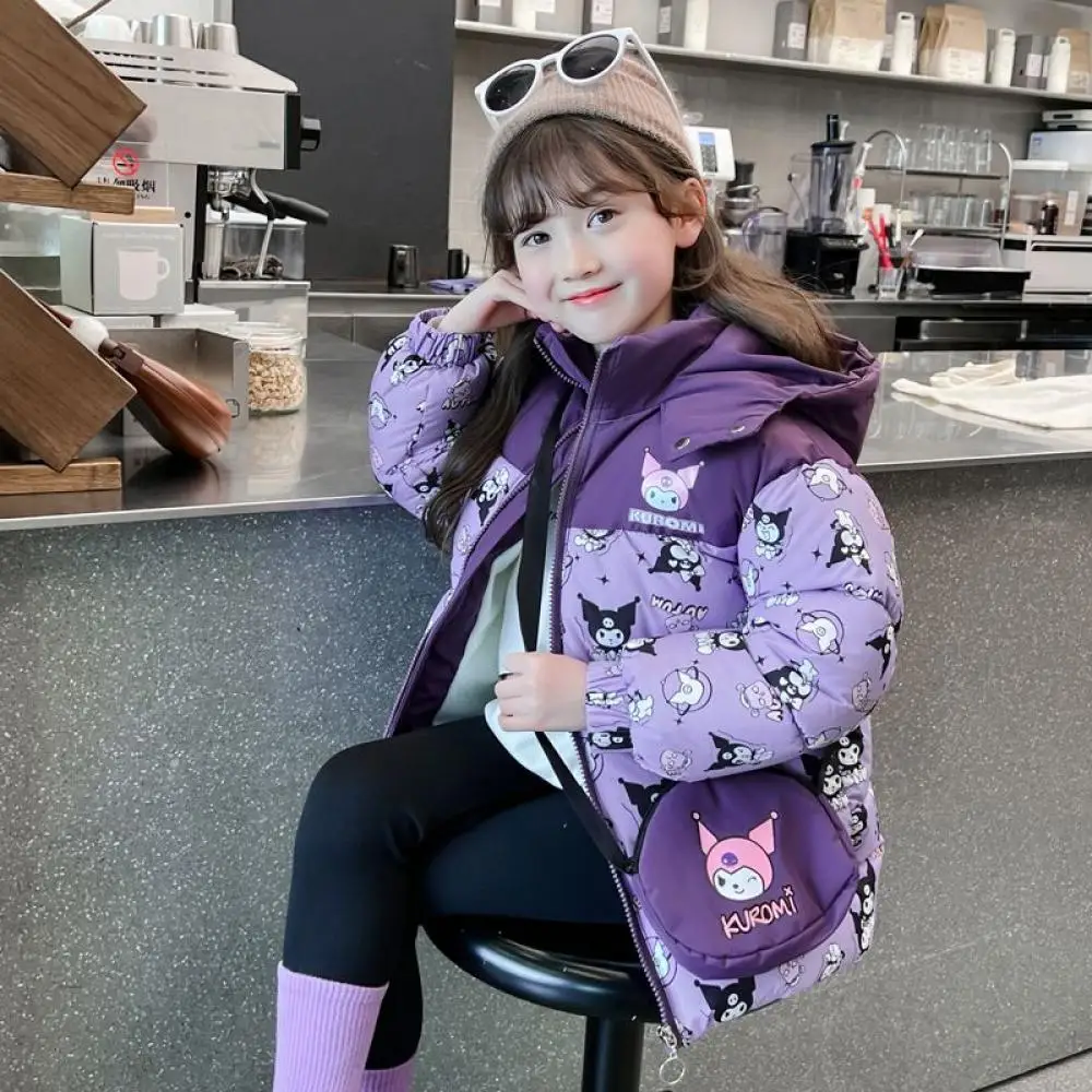 Sanrio Kuromi Girls Cotton Clothes Autumn Winter Plus Velvet Thicken Coat Cartoon Leisure Cotton Coat Jacket Children's Clothing
