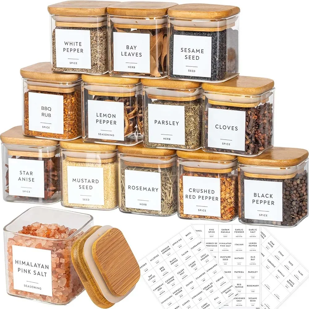 5oz Glass Jars Set with Spice Labels,Square Spice Jars with Bamboo Lids/Sticker Labels, Food Storage Container Canisters 2