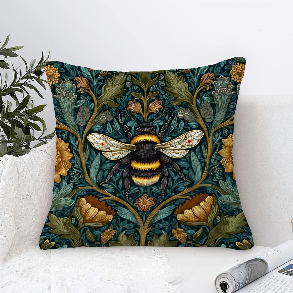 1-teiliger Kissenbezug im Vintage-Stil, Blumen- und Bienenmuster, universell einsetzbar für Wohnzimmer, Schlafzimmer und Büro, Reißverschluss – Detail 4