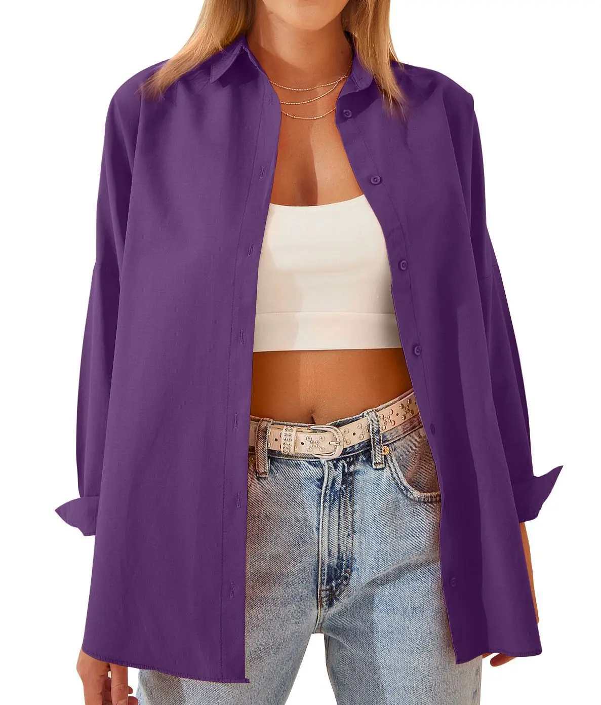 Womens Clothing V-neck Solid Button Long Sleeve Casual Blouse
