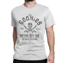 

Casual The Goonies Never Say Die Grey On Black Skull T-Shirts Men Cotton T Shirts Letters Print Sleeve Tee Shirt Adult Tops