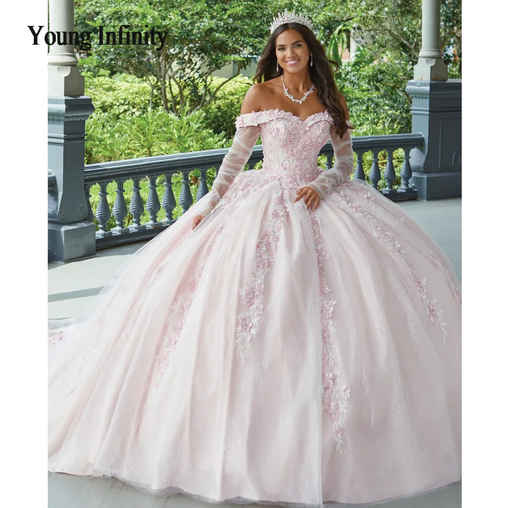 

Новое розовое платье Quinceanera 2024, бальное платье с 3D цветами, милый бальный наряд на день рождения 15 16 лет, женское платье с цветочным рисунком, со съемными длинными рукавами