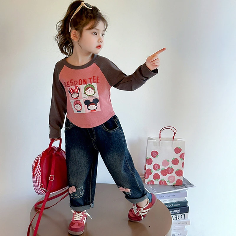 سراويل جينز للفتيات للربيع والخريف، سراويل كاجوال فضفاضة مستقيمة على شكل كارتون هيلو كيتي للأطفال من عمر 2 إلى 8 سنوات، ملابس أطفال