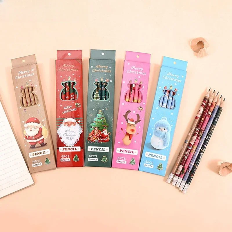 

6pcs/Lot Christmas Boxed Pencils Student Writing Drawing Sketch Pen Set Wooden HB with Rubber Stationery