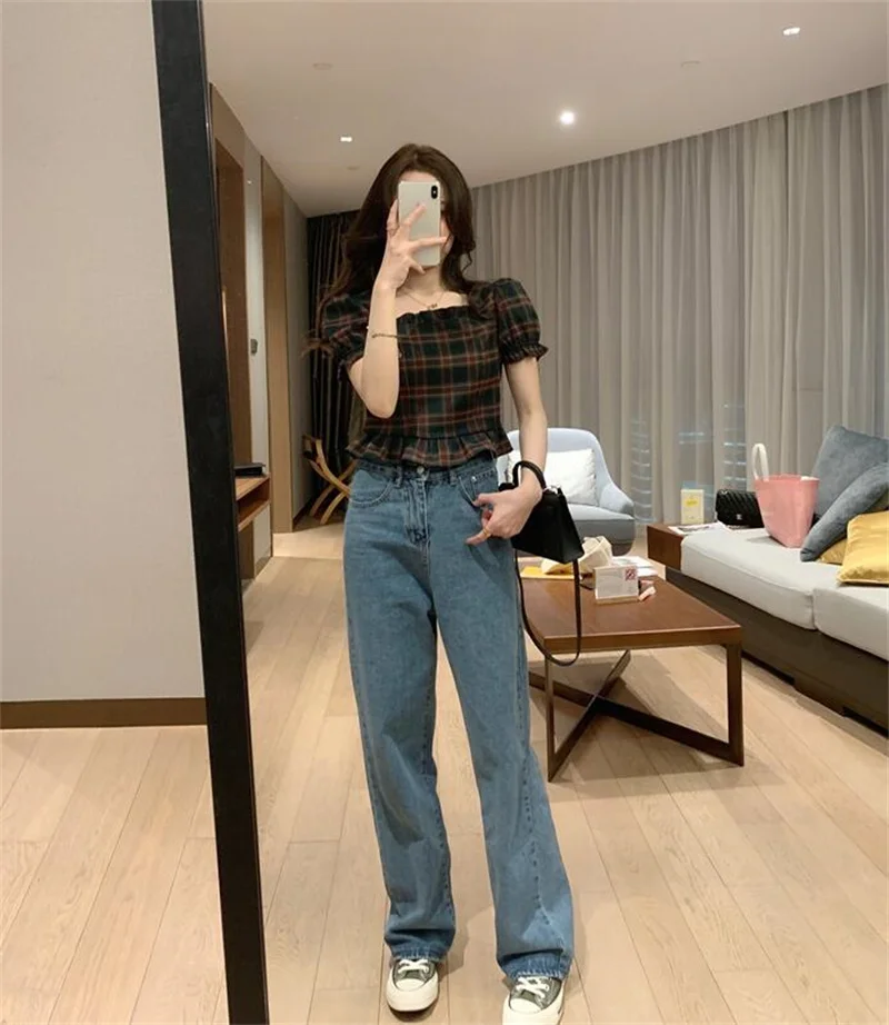 PLAZSON 여성용 격자 무늬 프린트 블라우스, 반팔, 스퀘어 칼라 블라우스, 블라우스 셔츠